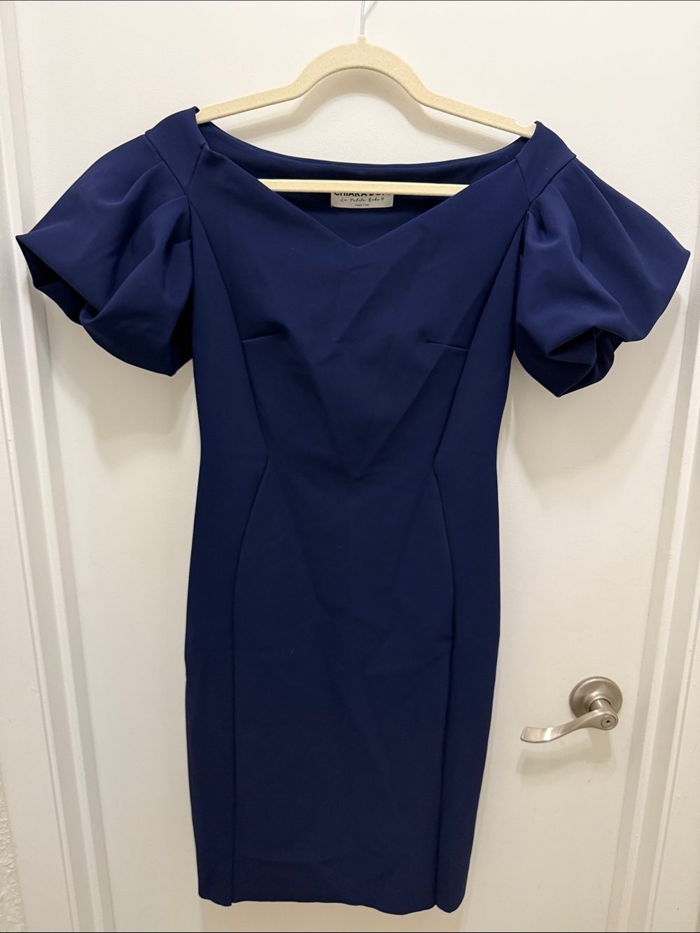 Chiara Boni La Petite Robe Navy Off Shoulder Tulip Sleeve Sheath Dress - Picture 2 of 5